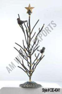 Metal Christmas Tree Sculpture with Bird Accents and Golden Star Topper