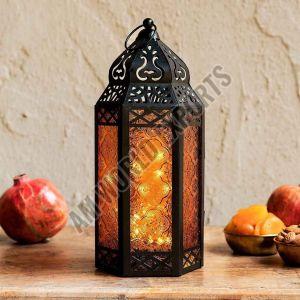 Ornate Iron Lantern with Amber Glass