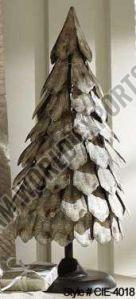 Rustic Metal Christmas Tree Sculpture with Stacked Leaf Design and Finial Top