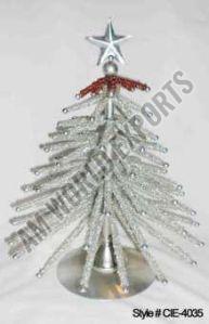 Silver Metal Spiky Christmas Tree Sculpture with Red Beads and Silver Star Topper