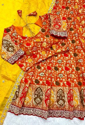 Wedding Wear Silk Cutwork Tissue Lehenga Choli Set