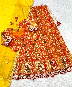Wedding Wear Silk Cutwork Tissue Lehenga Choli Set