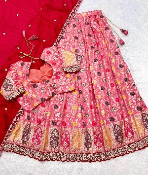 Wedding Wear Silk Cutwork Tissue Lehenga Choli Set