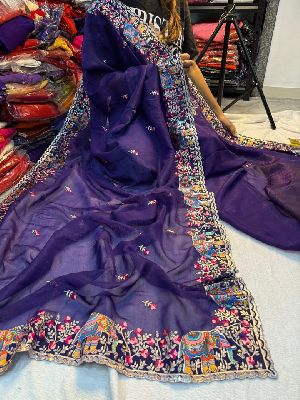 Pure Soft Crunchy Crush Multi Thread Embroidery Saree