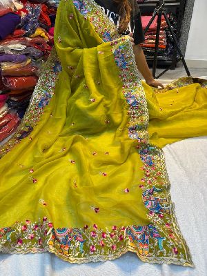 Pure Soft Crunchy Crush Multi Thread Embroidery Saree