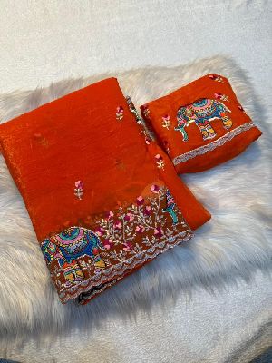 Pure Soft Crunchy Crush Multi Thread Embroidery Saree