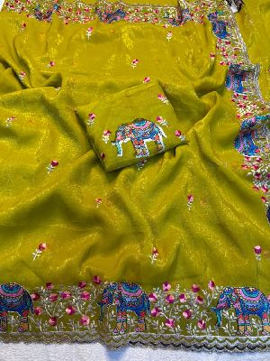 Pure Soft Crunchy Crush Multi Thread Embroidery Saree
