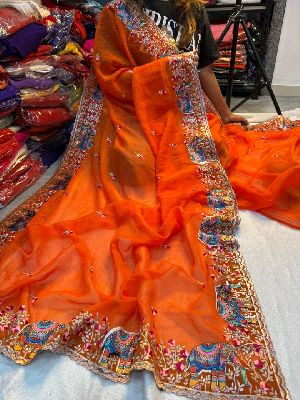 Pure Soft Crunchy Crush Multi Thread Embroidery Saree