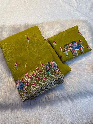 Pure Soft Crunchy Crush Multi Thread Embroidery Saree