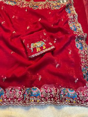 Pure Soft Crunchy Crush Multi Thread Embroidery Saree