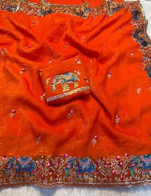 Pure Soft Crunchy Crush Multi Thread Embroidery Saree