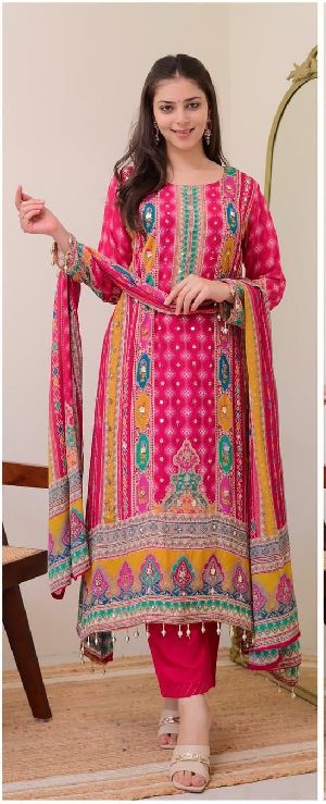 Women Pink Printed Cotton Anarkali Suit Set