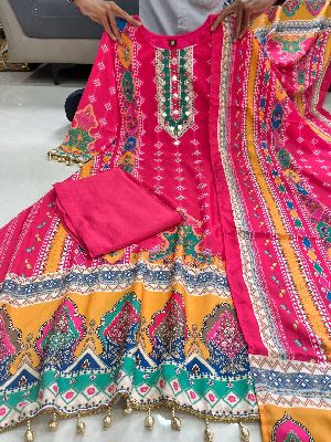 Women Pink Printed Cotton Anarkali Suit Set