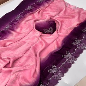 Butterfly Net Design Jarkhan Diamond Work Pure Silk Fabric Plated Saree