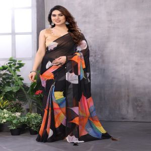 Digital Printed  Pure Georgette Solid Colourblock Saree