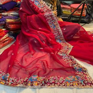 Pure Soft Crunchy Crush Multi Thread Embroidery Saree