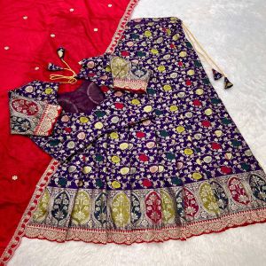 Wedding Wear Silk Cutwork Tissue Lehenga Choli Set