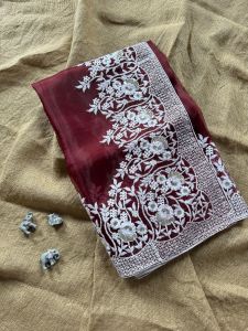 Party Wear Designer Organza Silk Saree With Embroidery Sequence Work