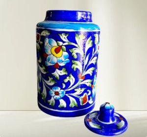 Flower Printed Blue Pottery Jar