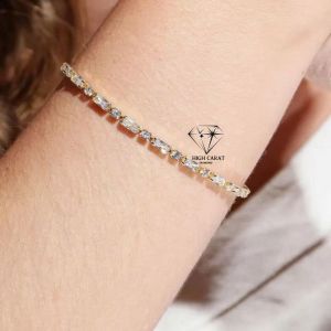 Round & Baguette Shape Lab Grown Diamond Women 18k Solid Gold Diamond Bracelet For Her