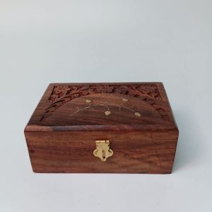 Rectangular Brass Vine Inlay Carved Wooden Box with Latch