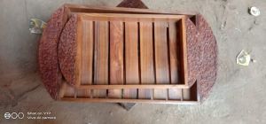 Rectangular Slatted Duo Ornate Handle Wooden Tray Set