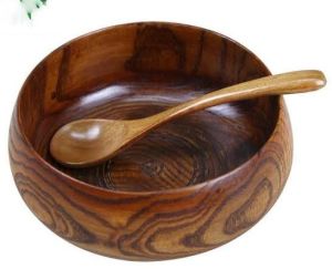 Round Deep Wooden Bowl with Matching Spoon