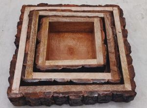 Square Bark EDGE Frame Natural Wooden Tray Set