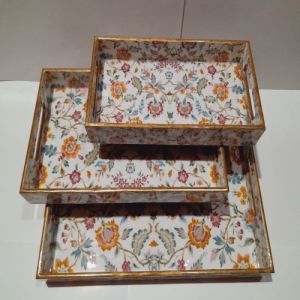 Vine Bloom Organizer Trio Gold Rim Multicolor Floral Wooden Tray Set