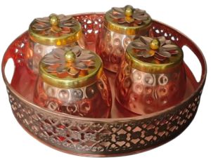 Hammered Copper-Tone Tray Set with Floral Lid Containers