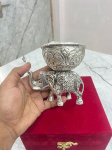Silver Elephant Bowl Figurine with Velvet Gift Box