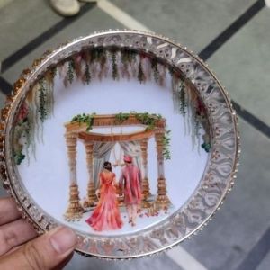 Golden Border Decor Plate with Wedding Mandap Couple Art