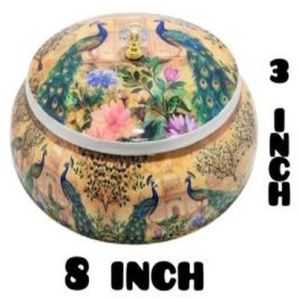 Printed Peacock Floral Rice Bowl with Golden Knob Lid