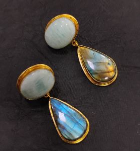 Oval Semi Precious Gemstone Brass Earrings