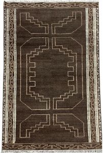 Geometric Patterned Dark Brown Hand Tufted Wool Rug with Borders