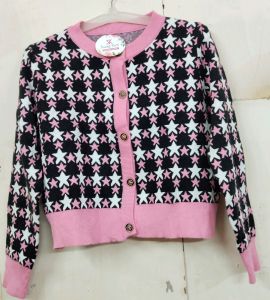 Pink with Star Print Ladies Woolen Cardigan