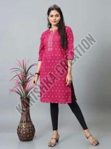 Ladies Pink Cotton Printed Kurti