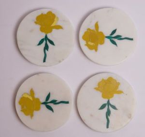Handmade Round Marble Coaster Set with Floral Inlay (Set OF 4)