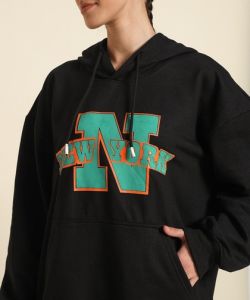 Black Poly Cotton Fleece Puff Printed Hoodie