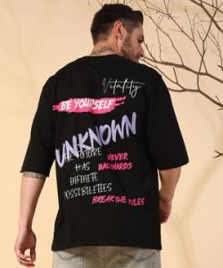 Black Printed Poly Cotton Terry Oversizesd T Shirt