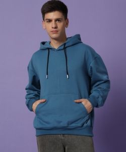 Blue Poly Cotton Fleece Puff Printed Hoodie