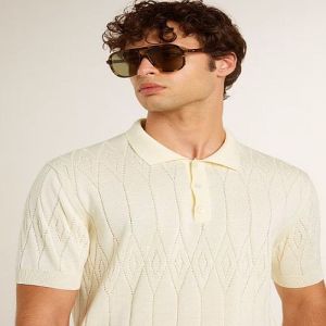 Mens Jacquard White Cotton Polo T-Shirt