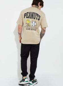 Mens Beige Round Neck Cotton Printed T-Shirt