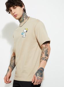 Mens Beige Round Neck Cotton Printed T-Shirt