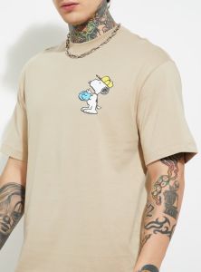 Mens Beige Round Neck Cotton Printed T-Shirt