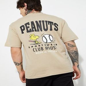 Mens Beige Round Neck Cotton Printed T-Shirt