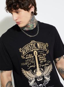 Mens Round Neck Black Cotton Printed T-Shirt