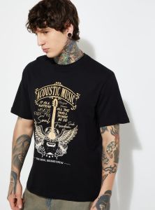 Mens Round Neck Black Cotton Printed T-Shirt