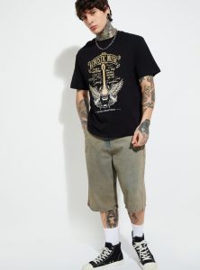 Mens Round Neck Black Cotton Printed T-Shirt