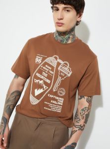 Mens Round Neck Brown Cotton Printed T-Shirt